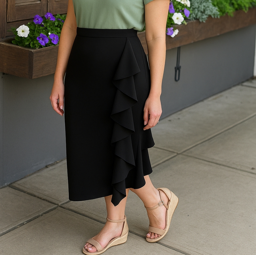 Why Dress Skirt Size XXL Black Front Ruffle Career Pencil Midi Pockets NWT